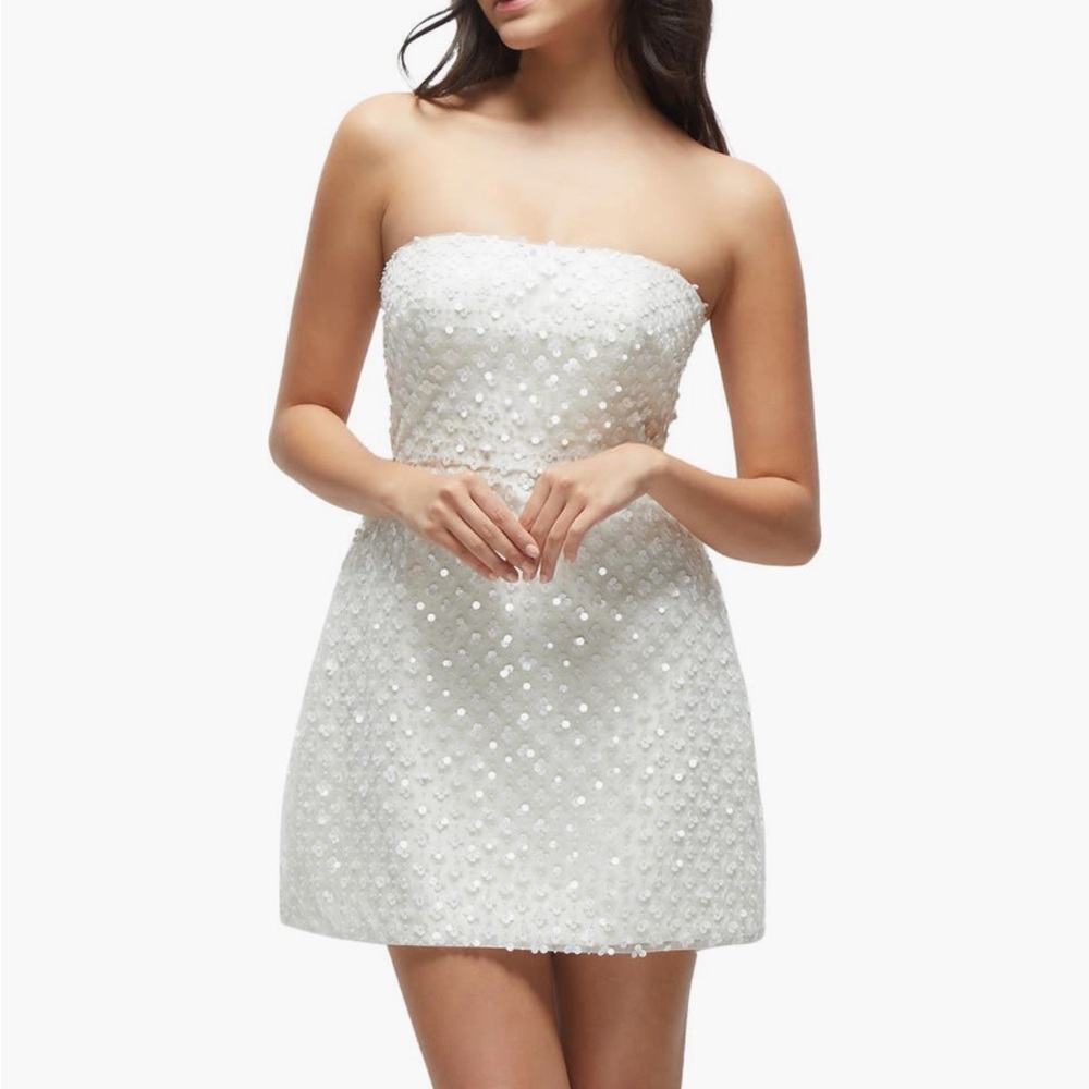 Dessy Pearl Sequin Strapless Mini Dress | Size 8 | Bridal / Cocktail - Picture 4 of 11